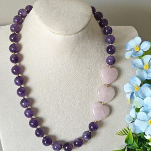 Collana pietre dure ametista viola e cuori quarzo rosa, collana girocollo
