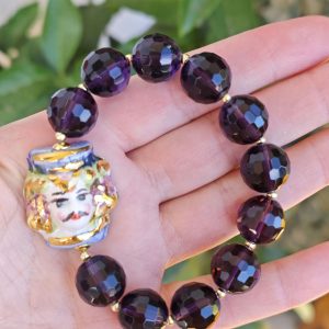 Bracciale testa di moro in ceramica di Caltagirone e cristalli viola , bracciale siciliano maxi