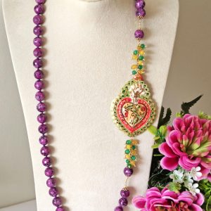 Collana Cuore Sacro ceramica di Caltagirone con pietre dure zoisite viola , collana siciliana