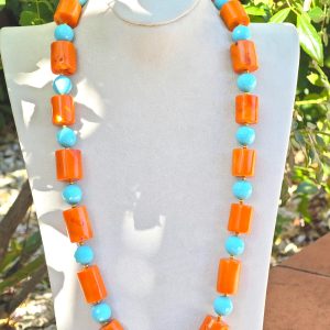 Collana maxi corallo bambù rosso arancio con perle turchese, collana estate