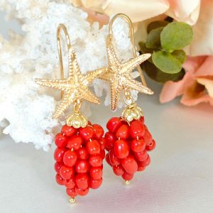 Orecchini corallo rosso naturale mediterraneo , orecchini stelle marine argento 925 placcato oro , gioielli italiani