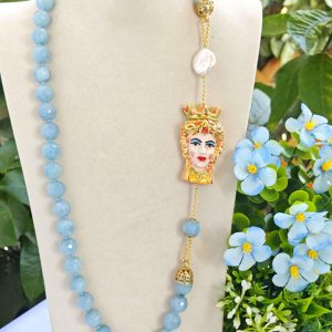 Collana con ceramica Caltagirone, pietre angelite,perle barocche  bianche , collana siciliana