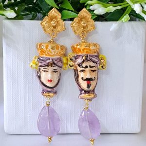 Orecchini ceramica Caltagirone e pietre goccia ametista , orecchini teste di moro , orecchini siciliani