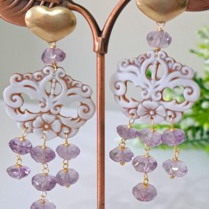 Orecchini cammeo  conchiglia sardonica , orecchini pietre ametista e argento 925 placcato oro , gioielli italiani