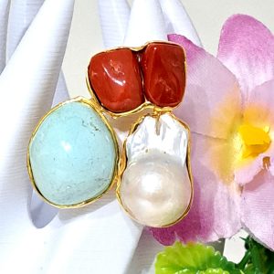 Anello perla barocca bianca,  turchese e  corallo rosso , anello argento 925, gioielli italiani