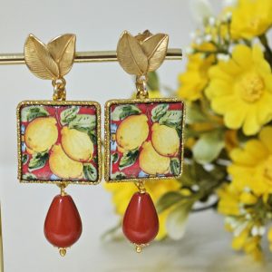 Orecchini piastrelle in ceramica di Caltagirone, orecchini gocce ceramica rossa , orecchini siciliani