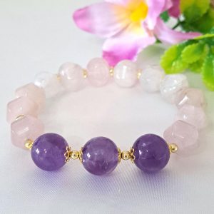 Bracciale  pietre dure ametista viola e  quarzo rosa, bracciale maxi