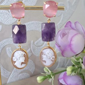 Orecchini  cammeo conchiglia sardonica e pietre dure ametista e quarzo rosa , gioielli italiani