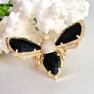 Anello maxi farfalla quarzo nero con zirconi,  anello ottone dorato