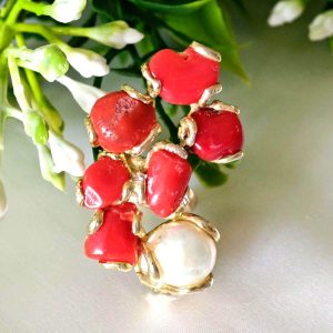 Anello corallo rosso naturale e perle bianche , anello argento 925, gioielli italiani