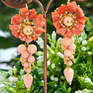 Orecchini corallo rosa  e perle pasta di corallo rosa, orecchini fiori, gioielli italiani