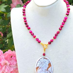 Collana cammeo sardonico con pietre quarzo rosa occhio di falco e argento 925 placcato oro, gioielli italiani