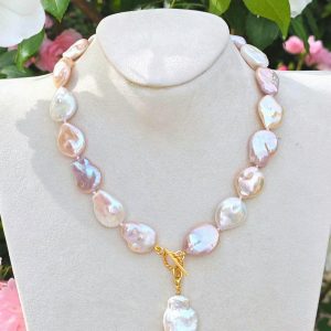 Collana girocollo perle barocche bianche e rosa con argento 925 placcato oro,  gioielli italiani
