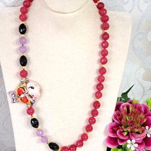 Collana pesce ceramica di Caltagirone e pietre dure agata rosa e onice nero, collana siciliana