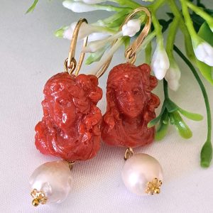 Orecchini cammeo corallo e perle bianche barocche , orecchini argento 925 , gioielli italiani