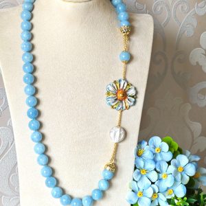 Collana fiore ceramica di Caltagirone, collana pietre dure angelite, collana siciliana maxi