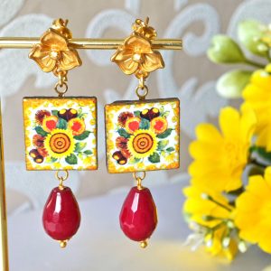 Orecchini ceramica Caltagirone, orecchini gocce ceramica rossa , orecchini siciliani