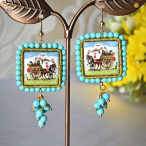 Orecchini piastrelle ceramica di Caltagirone con perle turchese e argento 925, orecchini siciliani