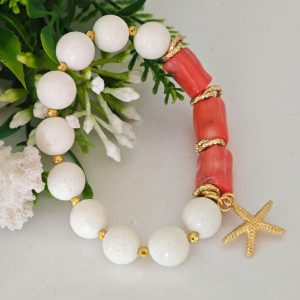 Bracciale corallo rosso e perle corallo bianco, bracciale maxi stella marina