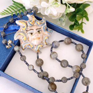 Collana Sole ceramica di Caltagirone con pietre dure labradorite , collana siciliana