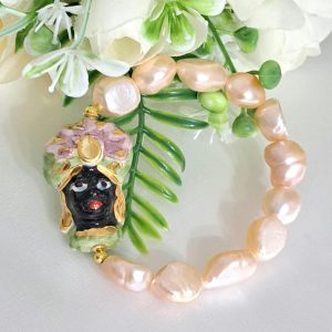 Bracciale testa di moro in ceramica di Caltagirone, bracciale perle rosa, bracciale siciliano