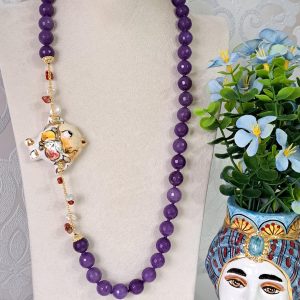 Collana pesce ceramica Caltagirone, collana pietre agata viola, collana siciliana