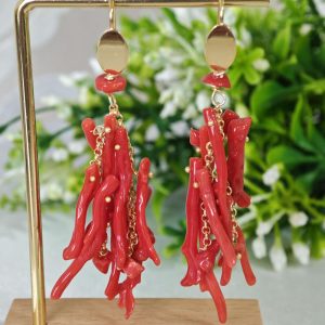 Orecchini corallo rosso naturale, orecchini argento 925 placcato oro, gioielli italiani