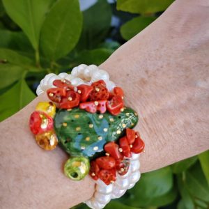 Bracciale ceramica Caltagirone, bracciale 3 fili perle bianche , bracciale maxi siciliano
