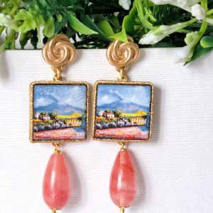 Orecchini piastrelle ceramica di Caltagirone, orecchini goccia quarzo rosa , orecchini siciliani