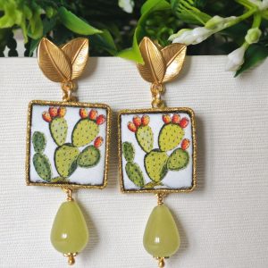 Orecchini piastrelle ceramica Caltagirone, orecchini gocce quarzo verde , orecchini siciliani