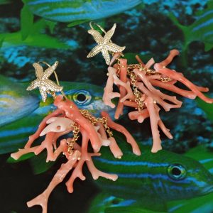 Orecchini corallo rosa salmone naturale, orecchini stelle marine argento 925 placcato oro, gioielli italiani