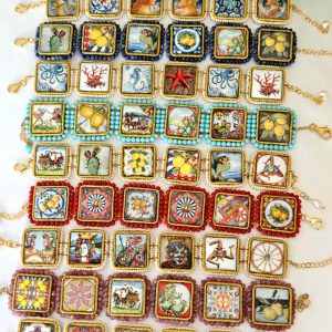 Bracciale ceramica Caltagirone, bracciale piastrelle con cornice perline , bracciale siciliano