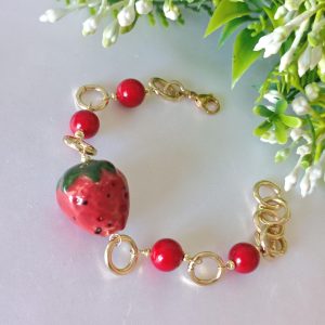 Bracciale ceramica Caltagirone e perle pasta di corallo rosso , bracciale siciliano