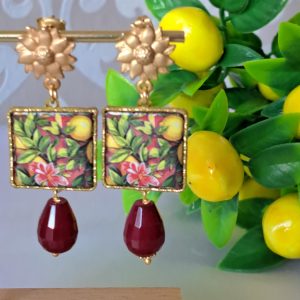 Orecchini ceramica Caltagirone e gocce agata rossa , orecchini siciliani