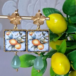 Orecchini ceramica Caltagirone e gocce quarzo verde , orecchini siciliani