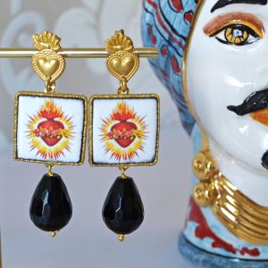 Orecchini piastrelle ceramica Caltagirone, orecchini goccia onice nero , orecchini siciliani Cuore Sacro
