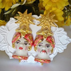Orecchini teste di moro ceramica Caltagirone, orecchini fiori , orecchini siciliani, orecchini maxi