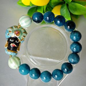 Bracciale testa di moro in ceramica di Caltagirone,  bracciale pietre dure giada blu, bracciale siciliano