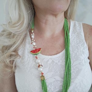 Collana ceramica di Caltagirone, collana multifilo cristalli verdi, collana siciliana