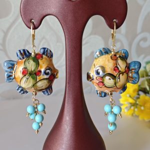 Orecchini pesci ceramica di Caltagirone, orecchini perle turchese  , orecchini siciliani