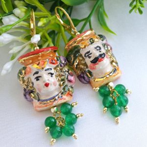 Orecchini ceramica Caltagirone, orecchini grappolo pietre quarzo verde, orecchini teste di moro siciliani