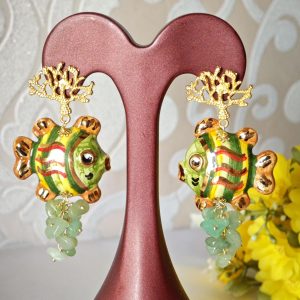 Orecchini pesci ceramica Caltagirone , orecchini pietre avventurina verde, orecchini siciliani