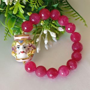 Bracciale testa di moro in ceramica di Caltagirone con pietre dure agata rosa , bracciale siciliano