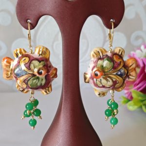 Orecchini pesci ceramica Caltagirone , orecchini pietre quarzo verde, orecchini siciliani