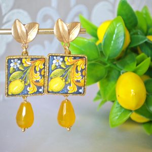 Orecchini piastrelle ceramica di Caltagirone, orecchini gocce agata gialla , orecchini siciliani