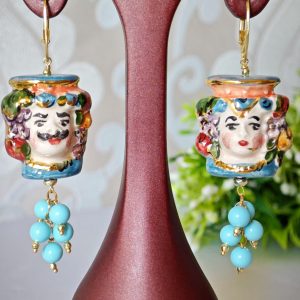 Orecchini ceramica Caltagirone, orecchini perle turchese , orecchini teste di moro siciliani