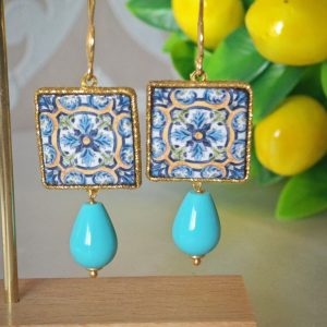 Orecchini ceramica Caltagirone, orecchini gocce turchese , orecchini siciliani