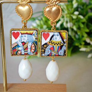 Orecchini piastrelle ceramica Caltagirone, orecchini gocce onice bianco , orecchini siciliani