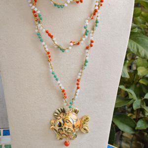 Collana pesce ceramica di Caltagirone e cristalli , collana rosario siciliana