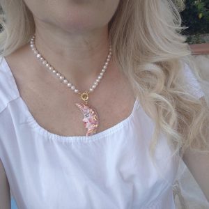 Collana Luna ceramica di Caltagirone , collana girocollo perle rosa, collana siciliana